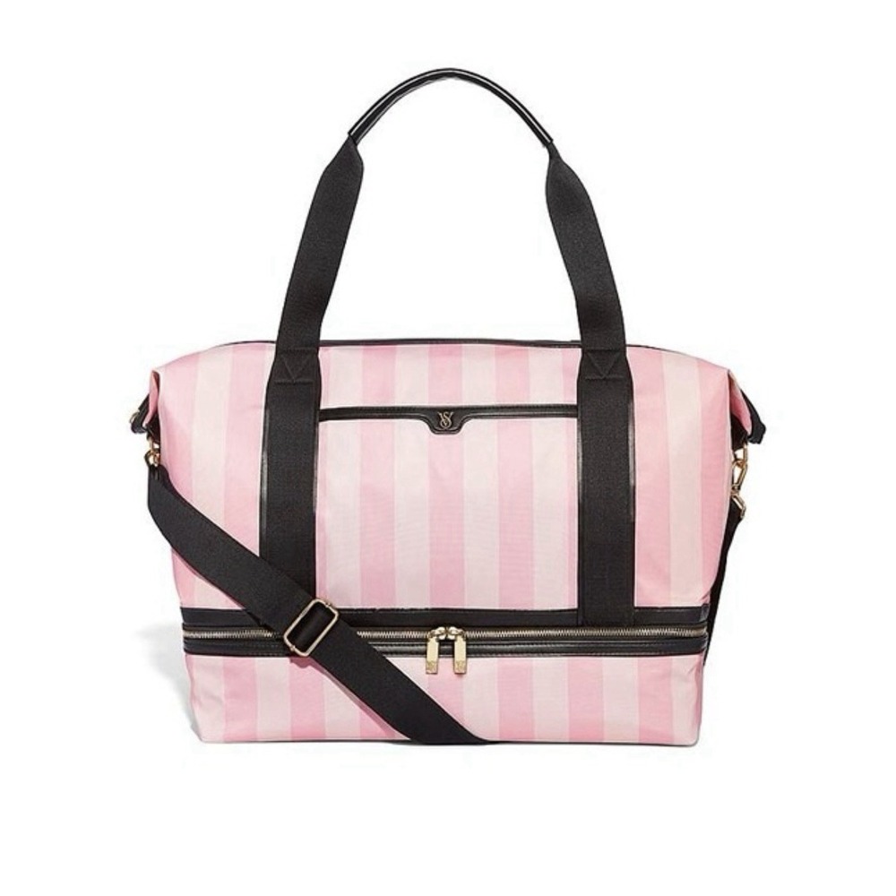 Victoria's Secret Iconic Stripes Large Weekender Tote Pink Bag Black Straps NWT